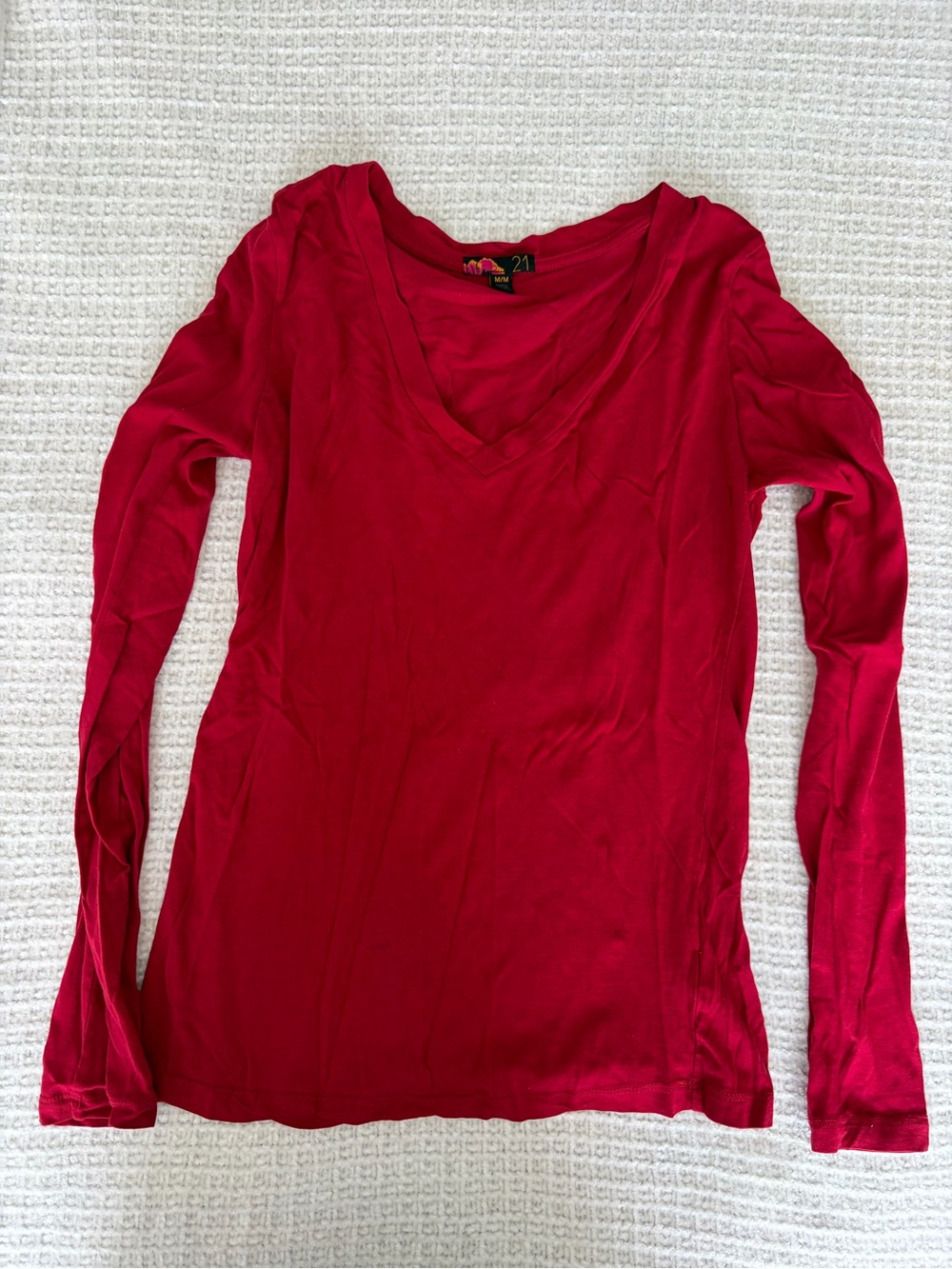 Forever 21 Red V-Neck Long Sleeve Slim Top